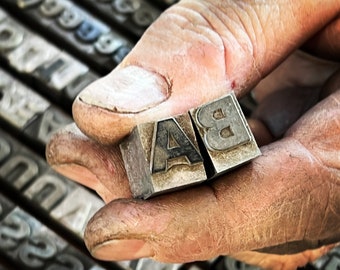 Antique letterpress letter blocks, universal, bold, 36pt. vintage printer block letters, newspaper type print, type set incl. æ, ø, å