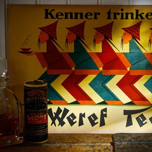 Poster Kenner trinken Weref Tee, motif horizontal géométrique art déco, enseigne publicitaire en carton vintage