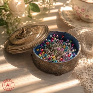 May include: A round, antique-style metal container with an ornate, textured lid and a deep blue velvet interior lining. The container is filled with numerous sewing pins featuring small, multicolored spherical heads in shades of red, blue, yellow, and purple.