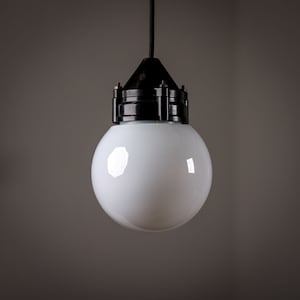 Industrial Art Deco Pendant Light with Black Metal Fixture and Opal Glass Shade, 1930s Factory Style