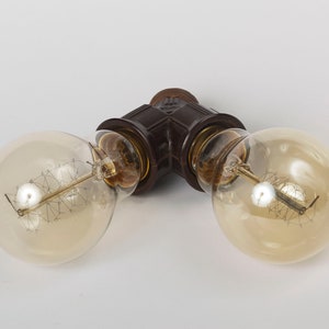 Op de afbeelding: Een bruine keramische lampenvoet met twee heldere glazen lampen. De lampen hebben een filamentontwerp en zijn aan.