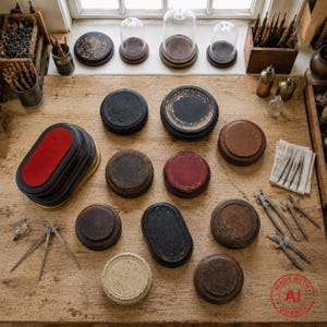 May include: A collection of antique wooden boxes and lids in various shapes and sizes, including round, oval, and rectangular. Some boxes have red or black accents. The items are arranged on a wooden surface, with tools and glass domes visible.