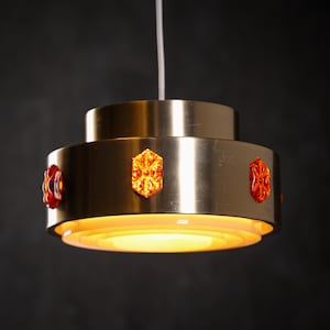 Vintage Vitrika, Denmark, Ceiling chandelier Brass with Orange Acrylic Prisms