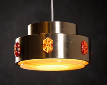 Vintage Vitrika, Denmark, Ceiling chandelier Brass with Orange Acrylic Prisms