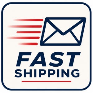 May include: A square icon with rounded corners featuring a dark blue outline of an envelope. To the left of the envelope are five horizontal red motion lines. Below the envelope, the text FAST SHIPPING is printed in dark blue, with a red line.