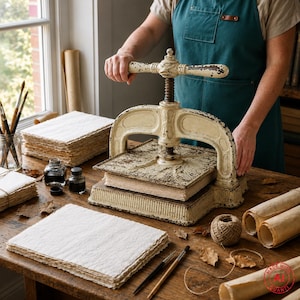 May include: A vintage-style cast iron book press with a distressed cream finish, featuring a central screw mechanism. The press sits on a wooden table alongside stacks of textured off-white paper, two small glass ink bottles, brushes, and twine.
