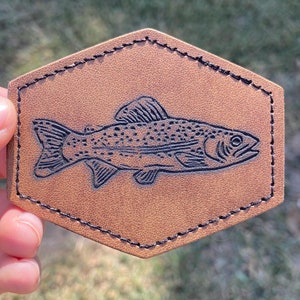 Engraved Leather Patch, Hats, Bags, Iron on Patch, Custom, Fishing, Rainbow Trout, Handmade, Alaska, Custom, hook and loop, Fish Art