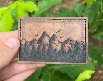 Engraved Leather Patch, Hats, Bags, Backpacks, Iron on Patch, Custom, Forest, Mountain, Handmade, Leatherette, Velcro, Custom, hook and loop