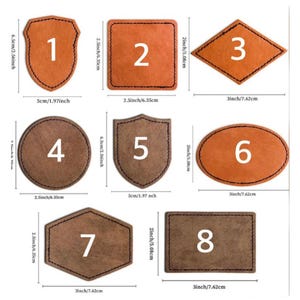 May include: Eight different leather patches in various shapes and sizes, including a shield, a circle, a square, a diamond, and a hexagon. Each patch is numbered from 1 to 8 and has a brown or tan color.