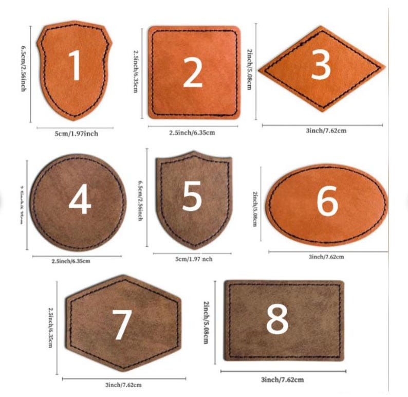 May include: Eight different leather patches in various shapes and sizes, including a shield, a circle, a square, a diamond, and a hexagon. Each patch is numbered from 1 to 8 and has a brown or tan color.