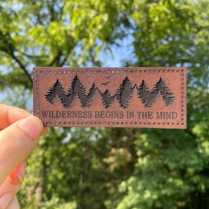 Engraved Leather Patch, Hat, Bag, Backpacks, Iron on Patch, Wilderness, Forest, Mountain, Handmade, Leatherette, Custom, hook and loop, Pine