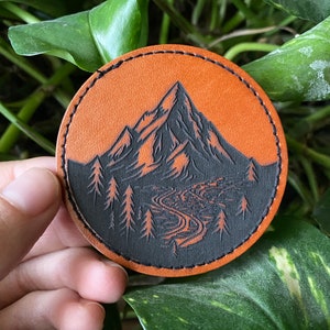 Engraved Leather Patch For Hats, Bags, Backpacks, Iron on Patch, Custom, Forest, Mountain, Handmade, Leatherette, Faux Leather, Custom