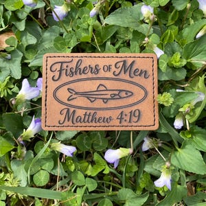 Engraved Leather Patch, Fisher of Men, Iron on Patch, Jesus, Matthew Mark Luke John, Faith, Christian, Leatherette, hook and loop, Cross