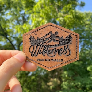 Engraved Leather Patch, Hat, Bag, Backpacks, Iron on Patch, Wilderness, Forest, Mountain, Handmade, Leatherette, Custom, hook and loop, Pine