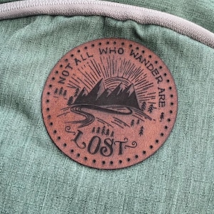 Rustic Engraved Leather Patch, Hats, Bags, Backpacks, Iron on Patch, Custom, Forest, Mountain, Handmade, Custom, hook and loop, Tree