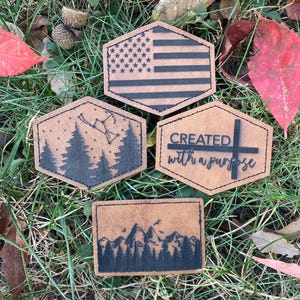 CLEARANCE Engraved Leather Patch For Hats, Bags, Backpacks, Iron on Patch, Handmade, Leatherette, Ready to Ship, Mountains, America, Nature