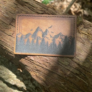 Engraved Leather Patch, Hats, Bags, Backpacks, Iron on Patch, Custom, Forest, Mountain, Handmade, Leatherette, Velcro, Custom, hook and loop image 2