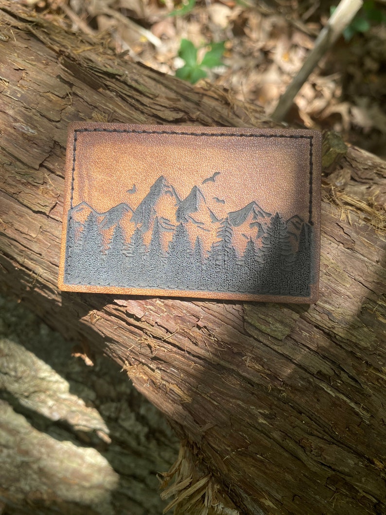 Engraved Leather Patch, Hats, Bags, Backpacks, Iron on Patch, Custom, Forest, Mountain, Handmade, Leatherette, Velcro, Custom, hook and loop image 2