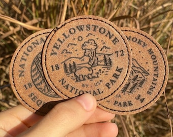 Engraved Leather Patch For Hat, Bag, Backpack, Iron on Patch, National Park, Travel, Hiking, Leatherette, Grand Teton, Yellowstone, Mountain