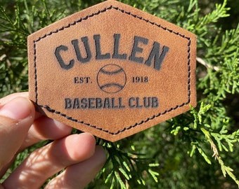 Engraved Leather Patch For Hats, Iron on Patch, Custom, Velcro, Hook & Loop, Twilight, Forks, Edward, Bella, Jacob, Cullen Baseball Club