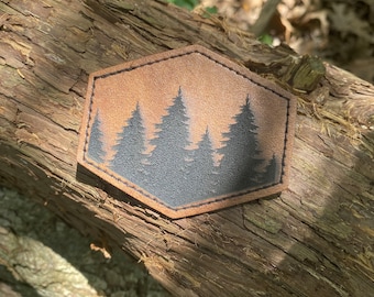 Engraved Leather Patch For Hats, Bags, Backpacks, Iron on Patch, Custom, Forest, Mountain, Handmade, Leatherette, Faux Leather, Custom, Pine