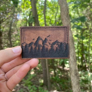 Engraved Leather Patch, Hats, Bags, Backpacks, Iron on Patch, Custom, Forest, Mountain, Handmade, Leatherette, Velcro, Custom, hook and loop image 3