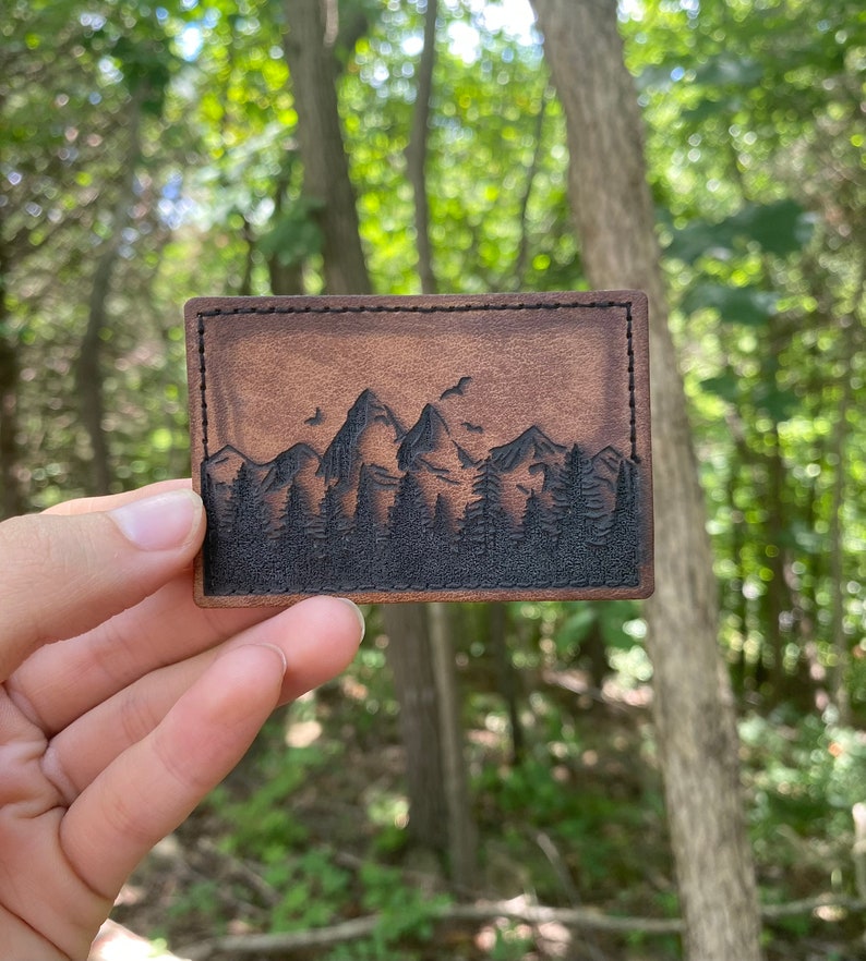 Engraved Leather Patch, Hats, Bags, Backpacks, Iron on Patch, Custom, Forest, Mountain, Handmade, Leatherette, Velcro, Custom, hook and loop image 3