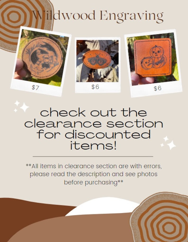 May include: Three leather coasters with engraved designs. The first coaster features a black and white illustration of a moth, the second coaster features a black and white illustration of a pumpkin, and the third coaster features a black and white illustration of a bird. The coasters are all priced at $6.