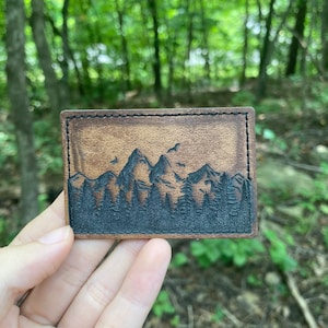 Engraved Leather Patch, Hats, Bags, Backpacks, Iron on Patch, Custom, Forest, Mountain, Handmade, Leatherette, Velcro, Custom, hook and loop image 4