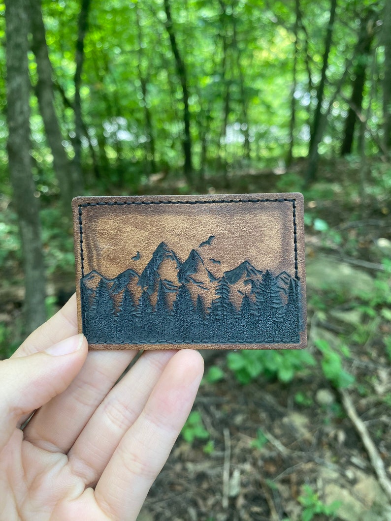 Engraved Leather Patch, Hats, Bags, Backpacks, Iron on Patch, Custom, Forest, Mountain, Handmade, Leatherette, Velcro, Custom, hook and loop image 4