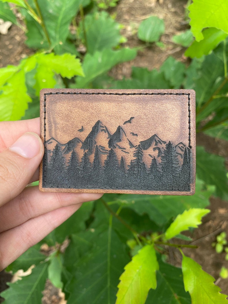 Engraved Leather Patch, Hats, Bags, Backpacks, Iron on Patch, Custom, Forest, Mountain, Handmade, Leatherette, Velcro, Custom, hook and loop image 1