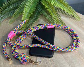 Colorful mobile phone chain made of sail rope | Includes adapter patch | 8 mm sail rope | Adjustable size up to 130 cm