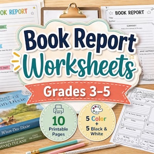 May include: Book report worksheets for grades 3-5. The image shows printable pages with prompts for book reports, along with pencils, books, and a small plant. The worksheets are available in color and black and white.