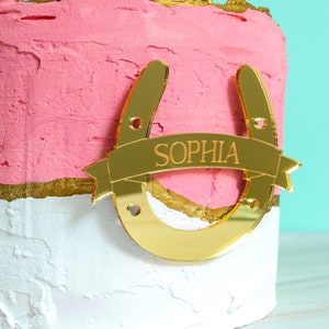 Encanto de pastel de herradura de oro, adorno de pastel de caballo acrílico, adorno de espejo dorado, adorno de pastel personalizado de herradura, encanto de pastel personalizado