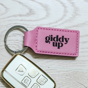 Giddy Up Keychain Vegan Leather Key Fob Engraved Key Chain Gift for Equestrian Keychain Horseback Rider Keychain Purse Accessory Key Ring