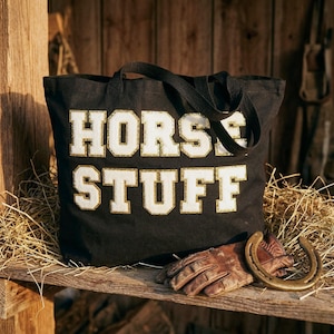 Borsa tote per articoli da equitazione, con toppa in ciniglia, regalo a tema equestre.