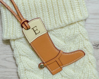 Equestrian Boot Stocking Tag Horse Rider Bag Tag Vegan Leather Boot Brown Personalized Leather Keychain Custom Stocking Tag Initial Horse