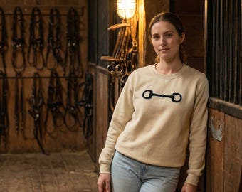 Sudadera de chenilla con detalle de bocado de caballo: Cuello redondo ecuestre, regalo para amantes de los caballos