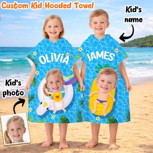 Custom Head Photo Kid Hooded Towel, Funny Personalized Beach Towel, Custom Name And Swim Float Towel for Kids