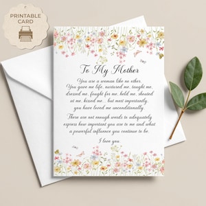 May include: A greeting card with the text "To My Mother" and a heartfelt message. The card is decorated with floral and butterfly illustrations. The words "Printable Card" are in the upper left corner.