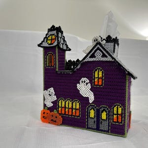 Halloween Haunted House Tissue Box Cover.  Handmade Plastic Canvas Tissue Box Cover with Ghosts and Pumpkins.