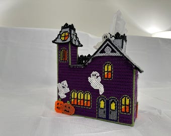 Halloween Spukhaus Taschentücherbox Deckel.  Handgenähte Plastikhülle für Taschentuchbox mit Geistern und Kürbissen.