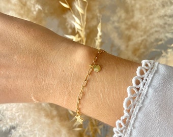 Shell bracelet, golden bracelet, star bracelet, women's bracelet, large chain bracelet, spaced link bracelet, bracelet