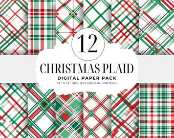 Papel digital a cuadros navideños, 12 papeles para álbumes de recortes digitales, efímeras imprimibles, manualidades de papel, hojas de collage, descarga instantánea