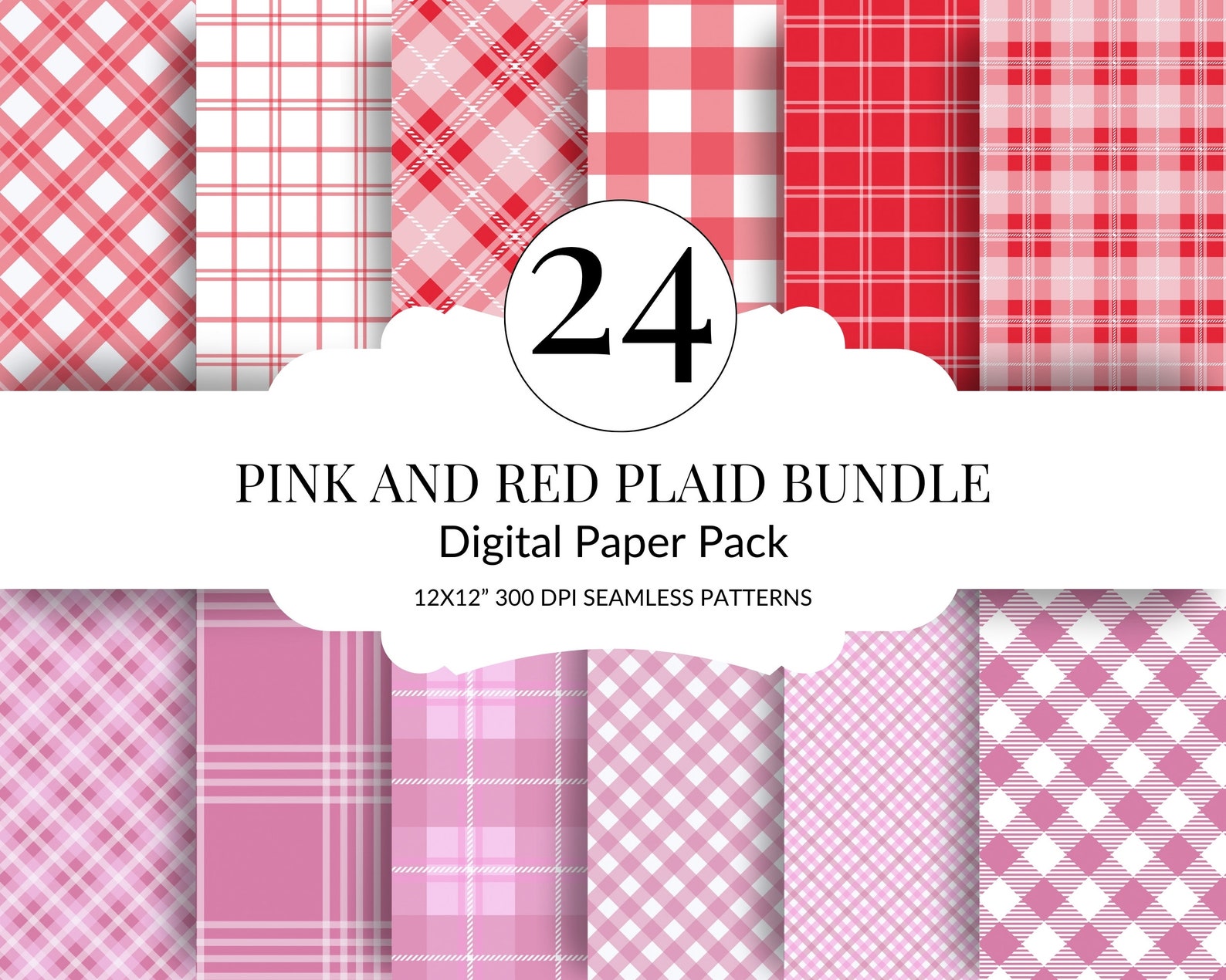 Modern Plaid Digital Paper Bundle, 24 Pink, Red, White Seamless ...