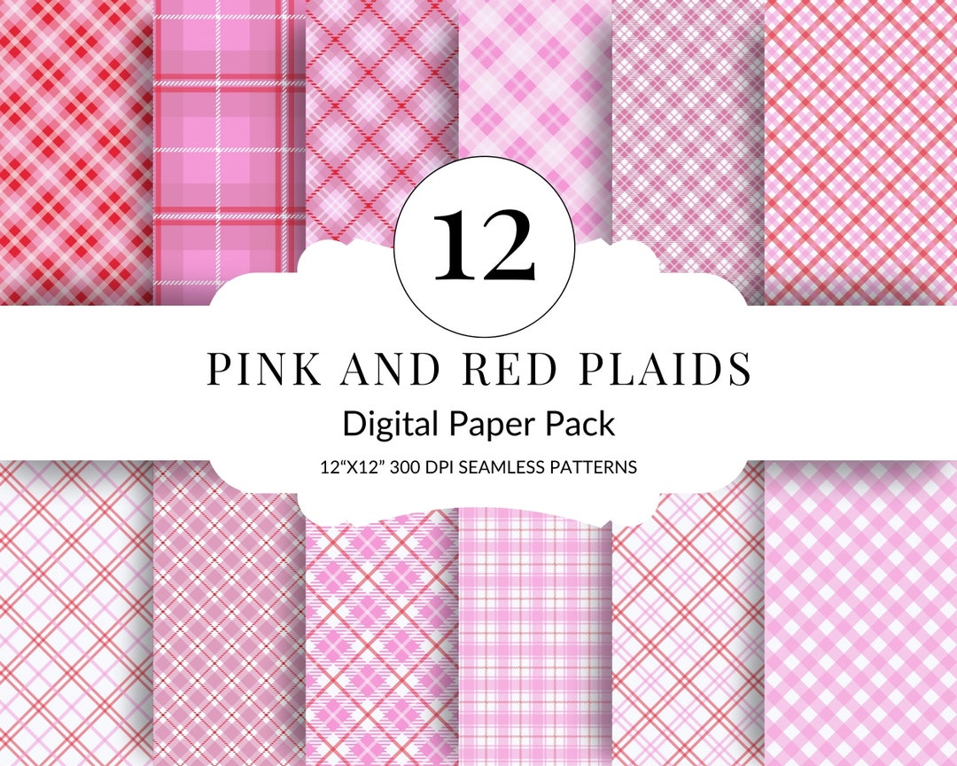 Modern Plaid Digital Paper Pack, 12 Pink and Red Seamless Patterns for ...