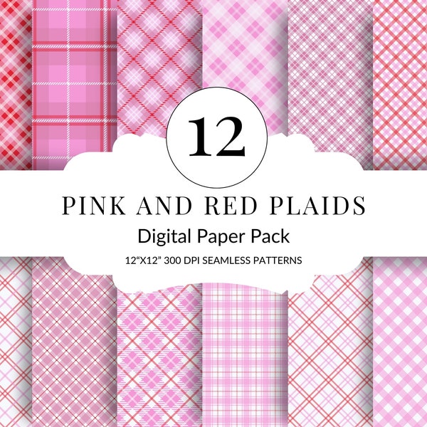 12 Pink Red Plaid Digital Paper Seamless Pattern DTD009
