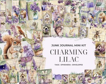 Charming Lilac Junk Journal Kit – 62 Printable Pieces, Botanical Ephemera, Paper Craft, Collage Sheets JJ09