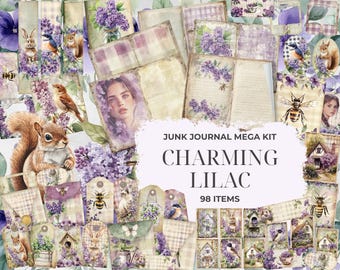 Charming Lilac Junk Journal Kit – 98 Printable Pieces, Botanical Ephemera, Paper Craft, Collage Sheets JJ09