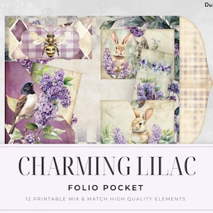Charming Lilac Folio - 12 Piece Printable Ephemera, Mix & Match Pockets, Botanical Junk Journal Kit, Paper Craft, Collage Sheet JJ09